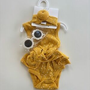 Rachel Zoe Yellow Polka Dot 3 Piece Set Sunglasses Bodysuit Headband Girls 6-9M‎